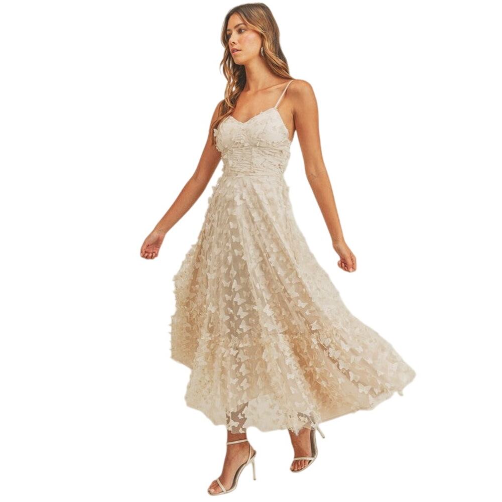 NWT NATASHA BUTTERFLY MESH LACE UP MIDI DRESS - CREAM SIZE SMALL BRIDAL WEDDING - Picture 3 of 9